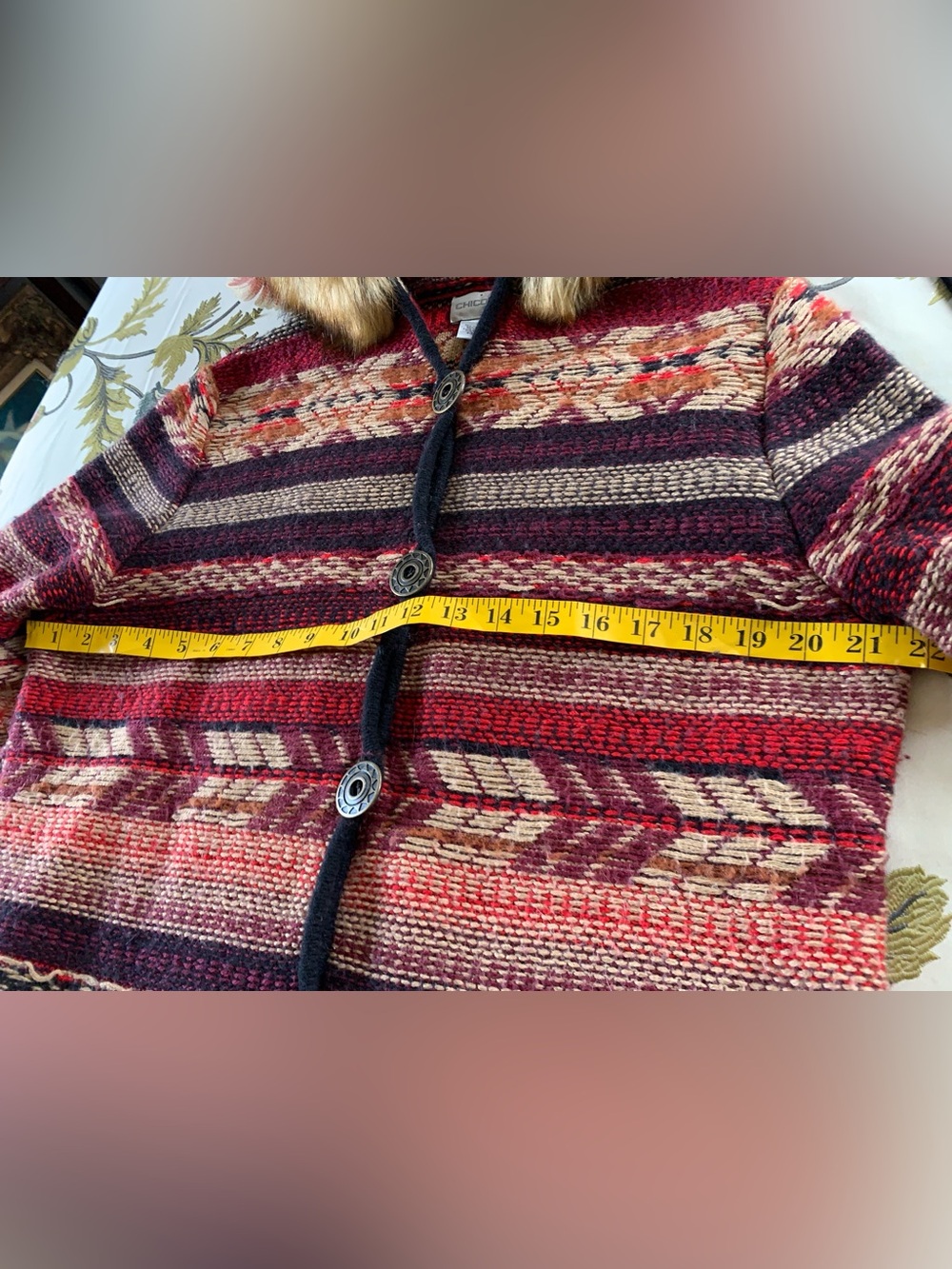 Vintage Boho Nepal-inspired Cardigan Sweater w Leather Belt & Faux Fur Hood - Picture 13 of 16
